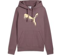 Kapuzensweatshirt PUMA "ESS METALLIC HOODIE FL", Damen, Gr. XS, raisin, metallic gold, Fleece, Obermaterial: 68% Baumwolle, 32% Polyester, bedruckt, regular fit normal, Rundhals, Sweatshirts (23282709