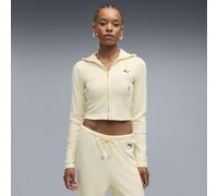 Hoodie PUMA "Essentials Slim Gerippte Kapuzenjacke Damen", Damen, Gr. M, buttercream heather gelb, Obermaterial: 46% Polyester, 4% Elasthan, 50% Viskose, slim fit, Sweatshirts Hoodie (35611943-M) butt