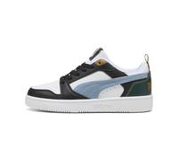 Sneaker PUMA "Rebound V6 Low Run Fun Sneakers Jugendliche", Kinder, Gr. 38,5, grün (schwarz haute tropic grün terrain blau), Obermaterial: Synthetik, Textil; Futter: Textil; Laufsohle: Gummi, Schuhe (