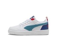 Sneaker PUMA "Rebound V6 Low Run Fun Sneakers Jugendliche", Kinder, Gr. 37,5, weiß (weiß tropical blau clyde royal), Obermaterial: Synthetik, Textil; Futter: Textil; Laufsohle: Gummi, Schuhe (50502200
