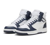Sneaker PUMA "REBOUND V6 MID JR" Gr. 37,5, blau (club navy, puma white, silver mist) Schuhe (90371544-37,5) club navy, puma white, silver mist