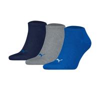 Sneakersocken PUMA "PUMA UNISEX SNEAKER PLAIN 3P", Herren, Gr. 43-46, blau (1x royalblau, 1x grau, meliert, 1x marine), Baumwollmischung, meliert, unifarben, Socken Sneakersocken, mit kleinem Logo (57