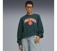 Sweatshirt PUMA "Wardrobe Essentials Sports Legacy Oversized Graphic Crew", Damen, Gr. M, grün terrain, Obermaterial: 32% Polyester, 68% Baumwolle; Rippe: 96% Baumwolle, 4% Elasthan, oversize, Rundhal