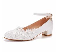 Pumps mit niedrigem Absatz für Damen, Bequeme Abendschuhe mit geschlossener Spitze und Blockabsatz, für Hochzeiten, Partys, Büroarbeiten, formelle Anlässe,Weiß,40 EU