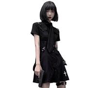 Punk Gothic Harajuku Sommer Schwarz Mini Kleid Shirt Frauen Kurzarm Goth Dark-Schwarz Und Krawatte, XL