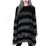 Punk Gothic Pullover Top Langer Pullover für Frauen Hollow Out Hole Broken Jumper Lose Langarm Pullover Tops Strickpullover Damen Longpullover Strick Pullover Winterpullover Strickwaren Strickpullis