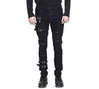 Punk Gothic Vorder Zerrissen Jeans Herren, Steampunk Denim Bleistift Hosen Slim Fit, Schwarz Strecken Hose, Schwarz 1,XL