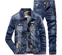 Punk Style Herren Sets Frühling Mode Casual Ripped Loch Langarm Jeansjacke + Jeans 2 Stück Set Paar Denim Anzug 8015 Jacke L Jeans 33
