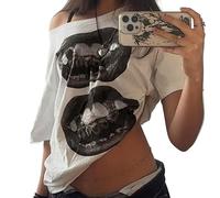 Punk Y2K Baby Kurzarm Oberteil Gothic Street T-Shirt Damen Freizeit Basic T-Shirt Damen Schulterfrei Crop Top, Weiss/opulenter Garten, Mittel