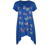 Purple Hanger - Damen T-Shirt Schmetterling Druck Dehnbar Unebener Saum Rundhalsausschnitt Perlen Glitzer Top - EU 54-56, Königsblau