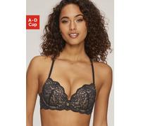 Push-up-BH JETTE, Damen, Gr. 80, Cup B, braun (schwarz, toffee), Spitze, Obermaterial: 90% Polyamid, 10% Elasthan, BHs BH Spitzenwäsche Push-up-BH Spitzen-BH, mit raffinierten Trägern in Bänder-Optik,