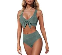 Push up Bikini Bikini hoch tailliert Bauchweg V Ausschnitt mit Glitzer Schleife Einfarbig Bademode Zweiteiliger Swimsuit Strand Green S