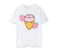 Pusheen Damen T-Shirt | Damen Cat Ice Cream Kurzarm-Grafik-T-Shirt in Weiß | Entzückendes Tier-Erdbeer-Dessert-Internet-Kätzchen-Bekleidungs-Top | Süßes Merchandise-Geschenk mit Rundhalsausschnitt