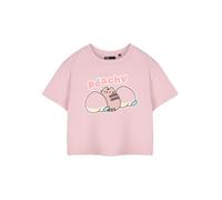 Pusheen Kurzes, kurzärmliges Grafik-T-Shirt für Damen in Rosa | Pfirsichfarbenes Katzen-Cartoon-T-Shirt | Niedliches Internet-Katzenbekleidungs-Top | Stilvolle pfirsichfarbene Ware für Damen