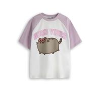 Pusheen Mädchen Raglan T-Shirt | Kids Good Vibes Zweifarbiges kurzärmeliges Grafik-T-Shirt | Internet Cat Kitten Cooles College-Stil Bekleidungsoberteil | Niedliches Cartoon-Merchandise-Geschenk
