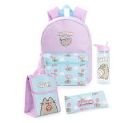 Pusheen Mädchen Rucksack Set | Kinder 4-teiliges blaues und rosafarbenes Rucksack-Bundle mit Schulranzen, Federmäppchen, Lunchtasche und Wasserflasche | Kätzchen Katze Grafik Komplettes Matching Set