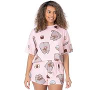 Pusheen The Cat Damen Pyjamas | Erwachsene Damen Cropped T-Shirt mit kurzen Hosen Pjs | Pastellrosa Cartoon Katze isst Sushi | Charakter-Merchandise