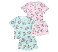 Pusheen The Cat Girls 2er Pack Pyjama | Kinder Teens Blau Pink Cartoon Katze EIS Cupcakes T-Shirt Shorts Set Nachtwäsche Merchandise