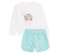 Pusheen The Cat Girls Pyjamas | Kinder Cartoon Katze Nickerchen Zeit T-Shirt mit mintgrünem flauschigem Fleece Shorts Loungewear Pjs | Merchandise Geschenk für Sie
