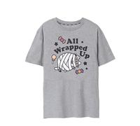 Pusheen the Cat Pusheen Damen Kurzarm-T-Shirt | All Wrapped Up Graues Halloween-Grafik-T-Shirt für Erwachsene Saisonales graues Kurzarm-Top | Gruseliges und süßes Merchandise-Geschenk für Frauen