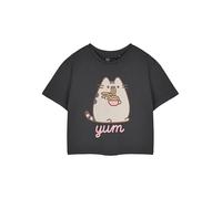 Pusheen Yum Nudeln Damen Anthrazit Cropped T-Shirt | Grafik Tee Kurzarm Top | Niedliche Katze Cartoon Kleidung | Bequeme Freizeitkleidung | Yum Noodles Print Shirt für Damen
