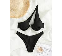 PUYYDS Bikini-Tanga-Frauen-Badeanzug Neue Feste aushöhlen gerippte Badebekleidung Bikinis Set One Shouledr Sommer-Strand-Badeanzug weiblich