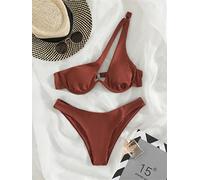 PUYYDS Bikini-Tanga-Frauen-Badeanzug Neue Feste aushöhlen gerippte Badebekleidung Bikinis Set One Shouledr Sommer-Strand-Badeanzug weiblich