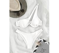 PUYYDS Bikini-Tanga-Frauen-Badeanzug Neue Feste aushöhlen gerippte Badebekleidung Bikinis Set One Shouledr Sommer-Strand-Badeanzug weiblich