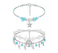 Pwsap 2 Stück Fußkettchen für Damen, Fußkette Armband Jewelry Verstellbare Boho Perle Fußschmuck Armband Sommer Barfuß Strand Fusskette Fußkettchen Geburtstag Jahrestag Schmuck Geschenk, Seestern