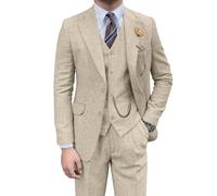Pyiuhs Retro-Herrenanzug, 3-teilig, Tweed, Fischgrätenmuster, schmale Passform, Anzüge für Bräutigam, Smoking-Set, Balljacke, Blazer, Weste, Hose für Herren, Beige, M