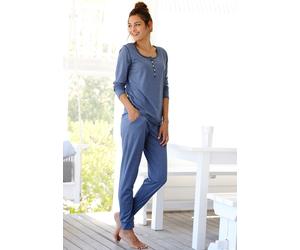 Pyjama ARIZONA, Damen, Gr. 48/50, blau (jeans, meliert), Single Jersey, Obermaterial: 60% Baumwolle, 40% Polyester, meliert, bequem lang, Rundhals, Homewear-Sets Pyjama, in melierter Qualität mit Knop