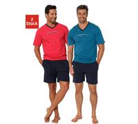 Pyjama AUTHENTIC LE JOGGER, Herren, Gr. 44/46 (S), bunt (petrol, navy, rot, navy), Jersey, Obermaterial: 100% Baumwolle, unifarben, Basic, bequem kurz, V-Ausschnitt, abgesteppte Kante, Homewear-Sets P