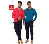 Pyjama AUTHENTIC LE JOGGER, Herren, Gr. 56/58 (XL), bunt (petrol, navy, rot, navy), Jersey, Obermaterial: 100% Baumwolle, unifarben, Basic, A-Linie lang, V-Ausschnitt, angesetztes Bündchen, Homewear-S