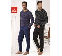 Pyjama AUTHENTIC LE JOGGER, Herren, Gr. 56/58 (XL), bunt (schwarz, blau), Jersey, Obermaterial: 100% Baumwolle, gestreift, Basic, bequem lang, Rundhals, abgesteppte Kante, Homewear-Sets Pyjama, Schlaf