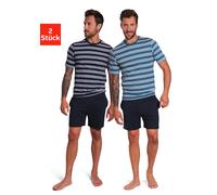 Pyjama AUTHENTIC LE JOGGER, Herren, Gr. 60/62 (XXL), blau (navy, petrol), Jersey, Obermaterial: 100% Baumwolle, gestreift, unifarben, Basic, bequem kurz, Rundhals, abgesteppte Kante, Homewear-Sets Pyj