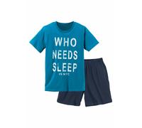 Pyjama AUTHENTIC LE JOGGER, Jungen, Gr. 146/152, bunt (türkis, marine), Jersey, Obermaterial: 100% Baumwolle, bedruckt, Basic, bequem kurz, Rundhals, abgesteppte Kante, Homewear-Sets Pyjama, Schlafanz