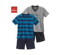 Pyjama AUTHENTIC LE JOGGER, Jungen, Gr. 182, blau (türkis, gestreift, grau, meliert), Jersey, Obermaterial: 100% Baumwolle, bedruckt, gestreift, Basic, lässig geschnitten kurz, Rundhals, abgesteppte K