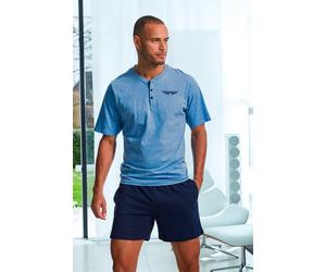 Pyjama AUTHENTIC LE JOGGER "kurzer Schlafanzug für Herren", Herren, Gr. 48/50, blau (blau, meliert, marine), Jersey, Obermaterial: 100% Baumwolle, unifarben, Basic, bequem kurz, Rundhals, abgesteppte