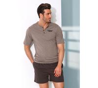 Pyjama AUTHENTIC LE JOGGER "kurzer Schlafanzug für Herren", Herren, Gr. 52/54, braun (braun, meliert, dunkelbraun), Jersey, Obermaterial: 100% Baumwolle, unifarben, Basic, bequem kurz, Rundhals, abges