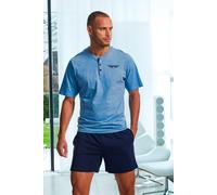 Pyjama AUTHENTIC LE JOGGER "kurzer Schlafanzug für Herren", Herren, Gr. 56/58, blau (blau, meliert, marine), Jersey, Obermaterial: 100% Baumwolle, unifarben, Basic, bequem kurz, Rundhals, abgesteppte 