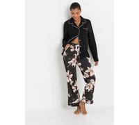 Pyjama BONPRIX, Damen, Gr. 44/46 (L), schwarz (schwarz geblümt), Jersey, Obermaterial: 100% Baumwolle, bedruckt, kontrastfarbene Details, Basic lang, V-Ausschnitt, Homewear-Sets Pyjama, bequeme Passfo