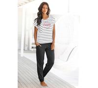Pyjama BUFFALO, Damen, Gr. 32/34, beige (ecru, gestreift, schwarz), Single Jersey, Obermaterial: 100% Baumwolle, unifarben mit Farbeinsatz, oversize lang, Rundhals, angeschnitten Aufschlag, Homewear-S