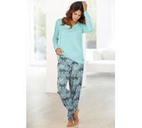 Pyjama BUFFALO, Damen, Gr. 44/46, grün (mint), Single Jersey, Obermaterial: 100% Baumwolle, gemustert, unifarben, bequem lang, Rundhals, eingesetzt Rippbündchen, Homewear-Sets Pyjama, mit gemusterter 