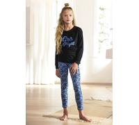 Pyjama BUFFALO, Mädchen, Gr. 146/152, schwarz (schwarz, blau), Single Jersey, Obermaterial: 100% Baumwolle. Unterteil: 95% Baumwolle, 5% Elasthan, bedruckt, Basic, Basic schmal lang, Rundhals, abgeste