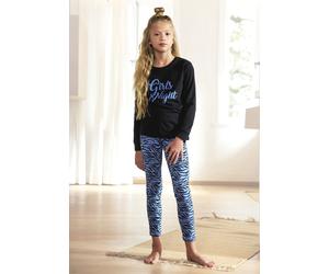 Pyjama BUFFALO, Mädchen, Gr. 146/152, schwarz (schwarz, blau), Single Jersey, Obermaterial: 100% Baumwolle. Unterteil: 95% Baumwolle, 5% Elasthan, bedruckt, Basic, Basic schmal lang, Rundhals, angeset