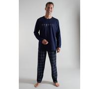Pyjama BUGATTI, Herren, Gr. 58, blau, dunkel, karo, Single Jersey, Obermaterial: 100% Baumwolle, bequem lang, Rundhals, gerader Abschluss, Homewear-Sets Pyjama, Langarm, Rundhalsausschnitt, mit Logo,