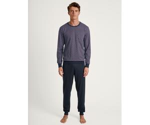Pyjama CALIDA "Relax Imprint", Herren, Gr. XXL (58/60), rot (mars rot), Single Jersey, Obermaterial: 100% Baumwolle, gemustert, unifarben mit Farbeinsatz, bequem lang, Rundhals, angesetztes Bündchen,