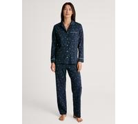 Pyjama CALIDA "Sweet Dreams", Damen, Gr. XL (52/54), blau (peacoat blau), Interlock, Obermaterial: 100% Baumwolle, gemustert, bequem lang, V-Ausschnitt, Homewear-Sets Pyjama, Reverskragen, Knopfleiste