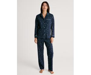 Pyjama CALIDA "Sweet Dreams", Damen, Gr. XS (36/38), blau (peacoat blau), Interlock, Obermaterial: 100% Baumwolle, gemustert, bequem lang, V-Ausschnitt, Homewear-Sets Pyjama, Reverskragen, Knopfleiste