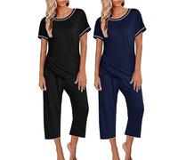Pyjama Damen 2er-Pack: Damen-Pyjamas, kurzärmelige Nachtwäsche, Oberteile und Capri-Hosen, Bedruckte Pyjama-Sets mit Taschen, Pyjama-Anzug Schlafanzug Baumwolle Damen Sleepshirt Damenarm (Black, L)